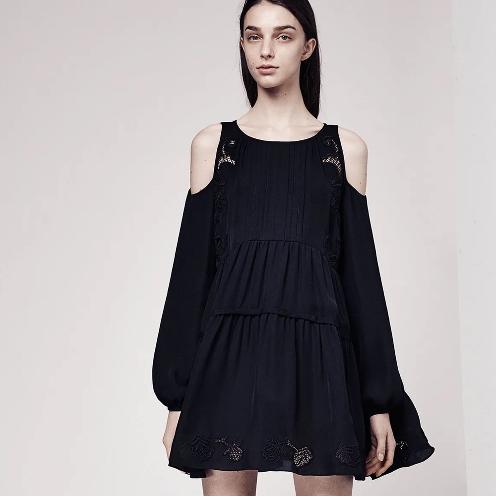 Thakoon 100% Silk Cold-Shoulder Drop Waist Mini Swing Dress
